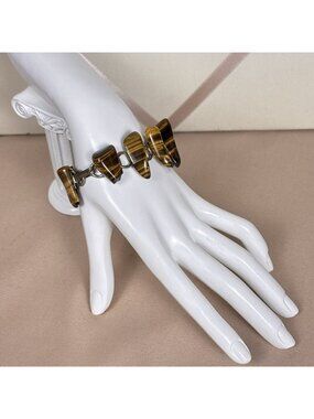 Vintage Silver Tone Tiger’s Eye Bracelet Size 7 with Fold-Over Clasp A96